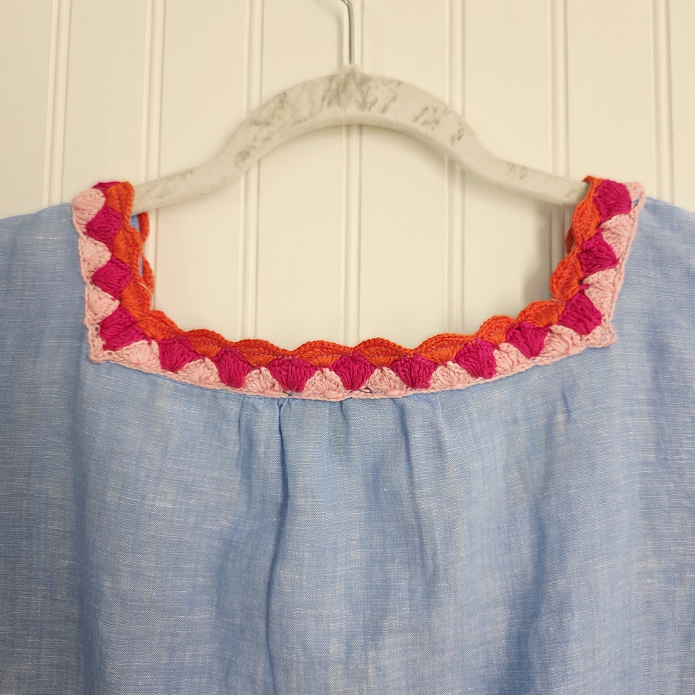 TALBOTS Boho Embroidered Linen Blue Blouse Small - Picture 7 of 12